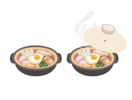 鍋焼きうどん うどん,鍋焼き,土鍋,豚肉,ネギ,卵,しいたけ,かまぼこ,食べ物,料理のイラスト素材
