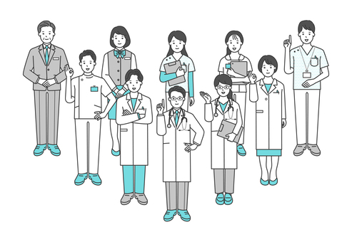 医療従事者のシンプルイラスト素材セット 医師,医者,ドクター,女医,医療従事者,先生,看護師,ナース,白衣,聴診器のイラスト素材