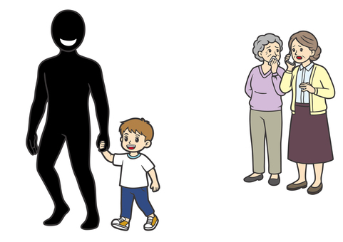 小学生男児を連れ去ろうとする不審者 不審者,通報,誘拐,変質者,おばちゃん,男児,犯罪,犯罪者,犯人,誘拐犯のイラスト素材