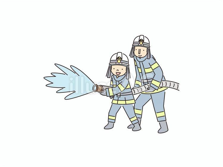 消防士と一緒に消化活動を体験する子供 消防士,消火活動,消火のイラスト素材