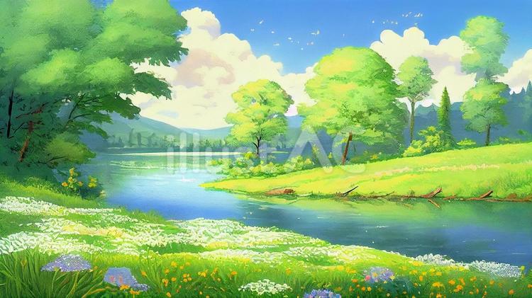 自然豊かな小川の風景画＿野花が咲く川辺イラスト - No: 23679205
