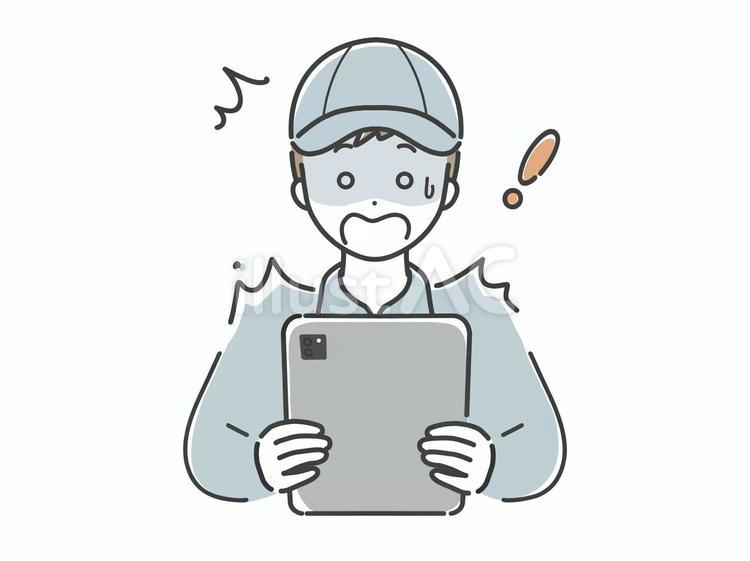 タブレットを見て驚く作業服の男性 男性,人物,若いのイラスト素材