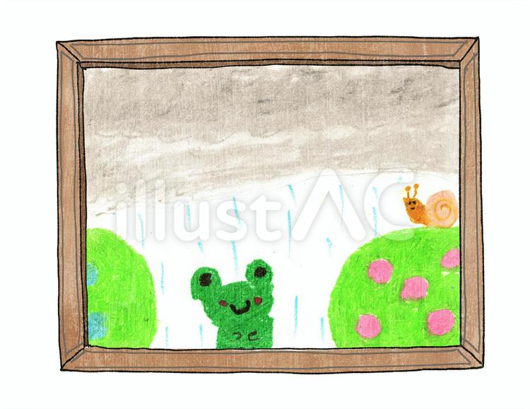子供が描いた絵画　紫陽花とカエル かえる,あじさい,梅雨のイラスト素材