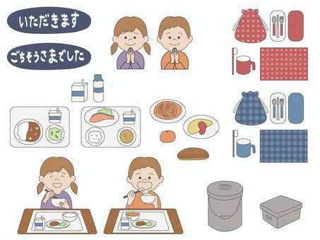 給食の時間 給食の時間 給食,食事,食べる,いただきます,ごちそうさまでした,食育,机,配膳,食缶,食器のイラスト素材