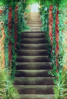 レンガ造りの外壁と玄関扉に続く階段の風景 階段,レンガ,レンガ造り,風景,背景,壁紙,路地,路地裏,踊り場,トンネルのイラスト素材