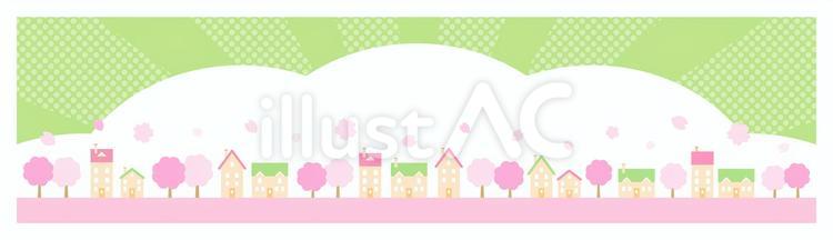 春の桜が咲く街並みとバナー背景グリーン2 春,新生活,街並みのイラスト素材