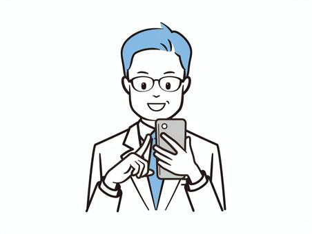 スマホを操作する笑顔の男性医者 医者,病院,クリニック,医療,白衣,ドクター,研究者,研究員,内科,外科のイラスト素材