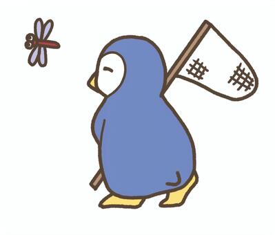 虫取りするペンギン1 ペンギン,動物,ペット,デフォルメ,動物園,アニマル,シンプル,手書き,トンボ,虫取りのイラスト素材