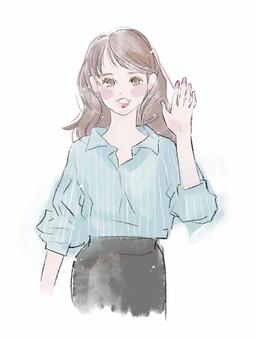 手をあげる笑顔の女性 女性,女の子,きれい,可愛い,オフィス,オフィスレディ,会社,職場,派遣,社員のイラスト素材