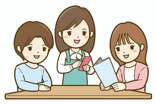 飲食店で注文する夫婦と女性店員_25 女性,男性,ビジネス,人物,人,カフェ,イラスト,シンプル,かわいい,夫婦のイラスト素材