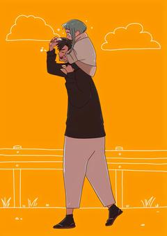 近所のお兄さんと幼女 幼女,小さい子,お兄さん,女の子,可愛い,肩車,微笑ましい,散歩,夕方,オリジナルキャラクターのイラスト素材