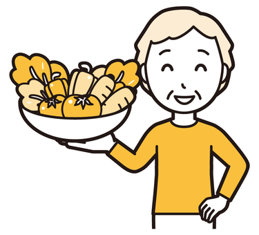  ロンTお婆さん(黄)-079-バスト 野菜,お婆さん,高齢者,老人,女性,祖母,人物,かわいい,新鮮,トマトのイラスト素材