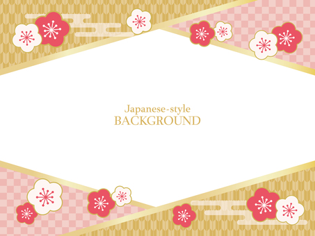 新春の和風フレーム素材（ピンク×金・梅） 和柄,年賀状,フレーム,和風,背景,市松,矢絣,梅,花,エ霞のイラスト素材