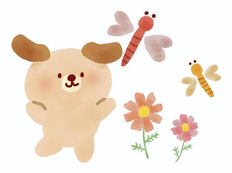 犬とトンボ とんぼ,犬,コスモス,花,動物,秋,絵本,ふんわり,可愛い,ゆるかわのイラスト素材