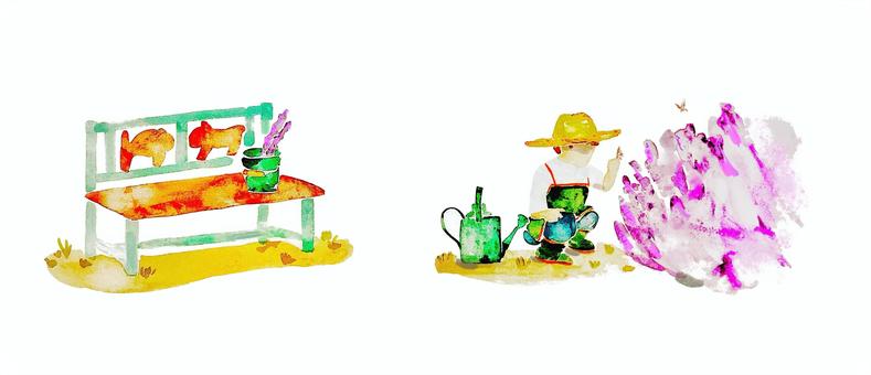 ガーデニングとベンチと子供（ラベンダー） ガーデン,ベンチ,ラベンダー,花,自然,スローライフ,ガーデニング,庭,農作業,水やりのイラスト素材