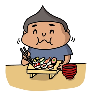 お寿司を食べる男性 寿司,お吸い物,味噌汁,握り寿司,男性,手描き,かわいい,米,魚介類,食べ物のイラスト素材