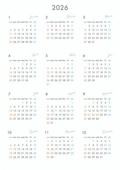 2026年間カレンダー-縦 カレンダー,2026年,2026,12か月,年間,年間カレンダー,1月始まり,令和8年,暦,日曜始まりのイラスト素材