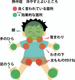 熱中症（冷やすと良い箇所） 熱中症,首回り,わきの下,太ももの付け根,手のひら,足の裏,顔のイラスト素材
