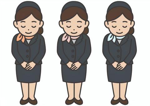 お辞儀するスチュワーデスさんのセット スチュワーデス,乗務員,客室乗務員,フライト,お辞儀,挨拶,お知らせ,お願い,ようこそ,いらっしゃいませのイラスト素材