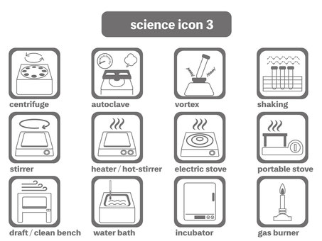 サイエンスアイコンセット3 実験器具,実験設備,遠心分離,オートクレーブ,ボルテックス,振とう,スターラー,ヒーター,コンロ,ドラフトのイラスト素材