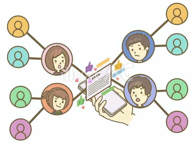 拡散されるSNS投稿　左 スマホ,スマートフォン,snsのイラスト素材