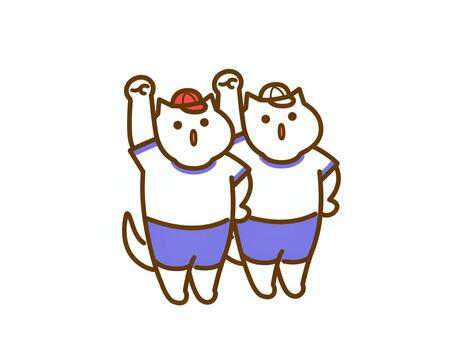 赤白帽子で選手宣誓するねこ5 猫,選手宣誓,運動会,スポーツ大会,ゆるい,手描き,かわいい,イラスト,動物,挿絵のイラスト素材