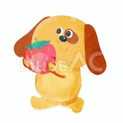 水彩画_いちごを持って歩く犬_01