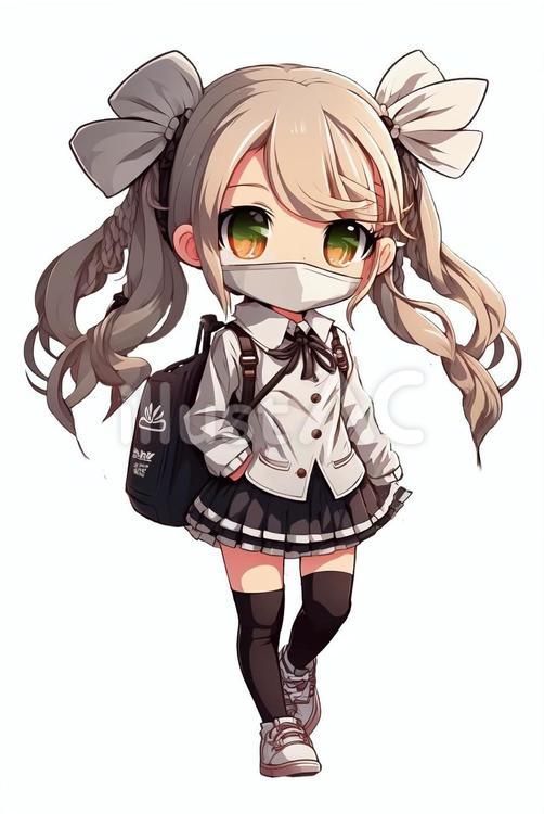マスクを着けた制服を着た女子学生 リボン,マスク,ロングヘアーのイラスト素材