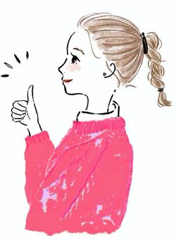 女性　グッド　いいね　みつあみ　横顔　 女性,三つ編み,グッド,いいね,ナイス,nice,みつあみ,リボン,横顔,アップスタイルのイラスト素材