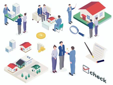 不動産のアイソメセット 不動産,お金,家,ビル,建物,リフォーム,賃貸,持ち家,住宅,一軒家のイラスト素材