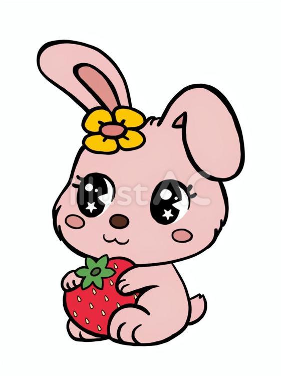 イチゴを抱えた可愛いウサギの子供 ウサギ,動物,イチゴのイラスト素材