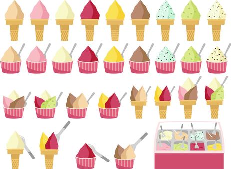 ジェラートイラストまとめ ジェラート,アイスクリーム,スパチュラ,ディッシャー,カップ,コーン,スプーン,チョコレート,バニラ,カシスのイラスト素材