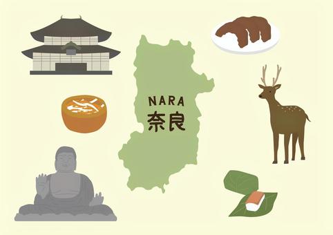 奈良イラストセット 奈良,大仏,奈良漬,鹿,柿なます,柿の葉寿司,地図,ご当地,観光地,グルメのイラスト素材