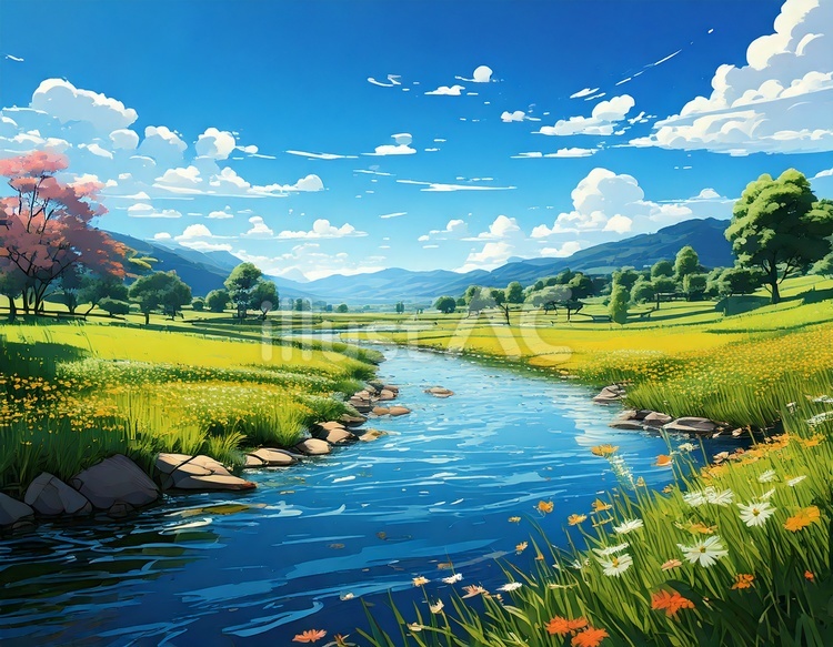No. 1【初夏の紀の川里風景】 初夏の河川敷の自然風景イラストイラスト - No: 26762184｜無料