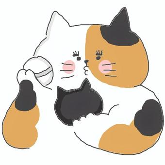 メイクする三毛猫ちゃん♪ かわいい,メイク,化粧,お化粧,綺麗,美しい,おしゃれ,パフ,ファンデーション,鏡のイラスト素材