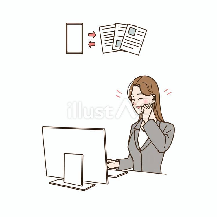 クラウドサービスを利用している女性 クラウドサービス,パソコン,書類のイラスト素材