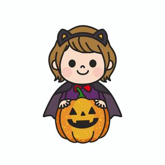 ハロウィンかぼちゃとコスプレした子ども4 ハロウィン,猫耳,コスプレ,マント,ジャックオランタン,橙,オレンジ,10月,行事,季節のイラスト素材