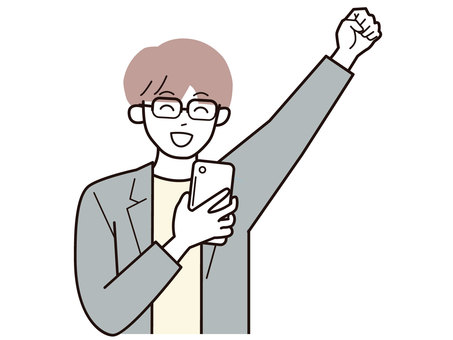 スマホと拳をあげる働く男性A/カラー スマホと拳をあげる働く男性A/カラー スマホ,やる気,拳,男性,お父さん,会社員,アドバイザー,20代,30代,40代のイラスト素材