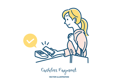 キャッシュレス支払いをする女性のイラスト キャッシュカード,キャッシュレス,キャッシュレス決済,決済方法,オンライン,インターネット,お金,支払い,計算,買い物のイラスト素材