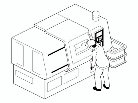 NC旋盤機と作業員B（線画） nc旋盤,作業員,切削,工員,製品,成形,機械,設備,装置,工場のイラスト素材