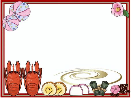 フレーム　おせち フレーム,おせち,正月,海老,伊達巻,かまぼこ,昆布巻き,黒豆,椿,てまりのイラスト素材