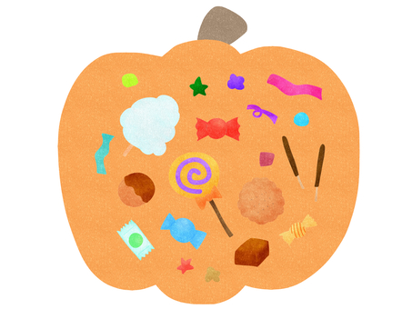 お菓子とかぼちゃ ハロウィン,かぼちゃ,お菓子,スイーツ,アメ,わたあめ,チョコ,キャンディ,クッキーのイラスト素材