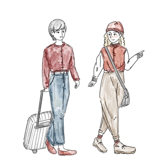 おしゃれな旅イラスト｜旅行に行く二人 旅行,旅,トラベル,水彩イラスト,カップル,おしゃれ素材,人物イラスト,ナチュラル,秋,紅葉のイラスト素材