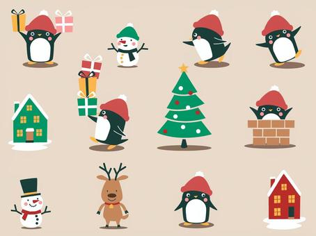 クリスマスのかわいいペンギンセット ペンギン,クリスマス,かわいい,冬,プレゼント,雪だるま,トナカイ,帽子,キャラクター,家のイラスト素材