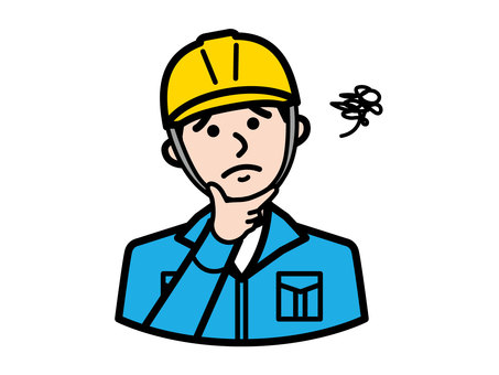 作業員の男性(悩む) 作業員の男性(悩む) 作業員,現場,悩む,考える,ヘルメット,作業着,ツナギ,安全,工事現場,点検のイラスト素材