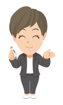 ペンを持ち手で促す若いビジネス女性のSD 先生,教師,教員,指導員,スーツ,仕事着,ビジネス,会社,社会人,促すのイラスト素材