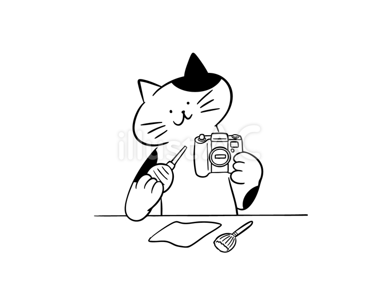 カメラの手入れをする猫（モノクロ） 猫,カメラ,カメラマンのイラスト素材