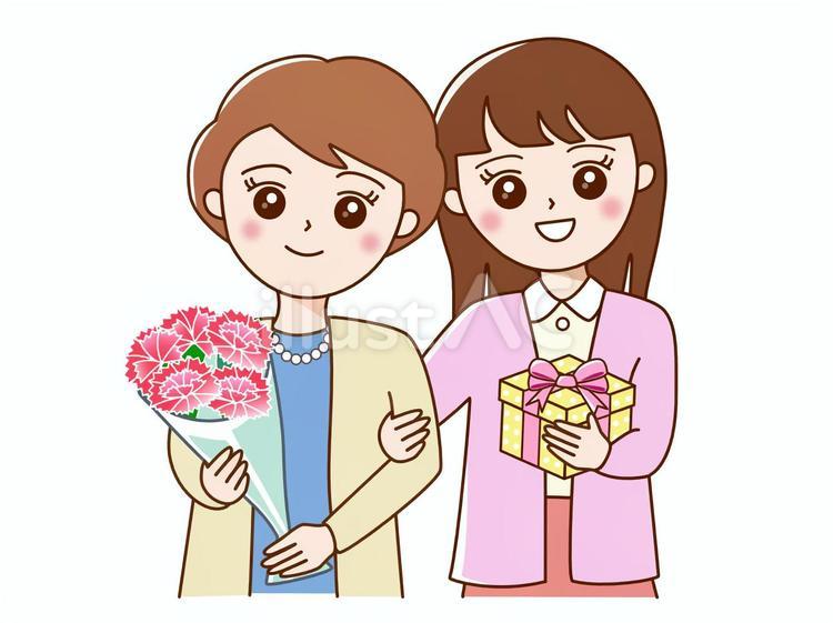 母の日　母と娘2 母の日,カーネーション,花束のイラスト素材