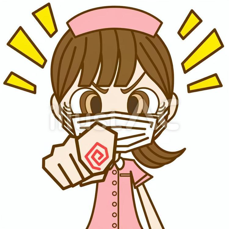 こちらを指差す女性①/ナース/マスク 指差し,指をさす,おまえだのイラスト素材