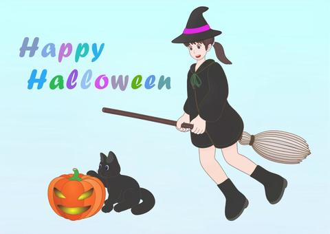 ハロウィン 魔女 黒猫セット ハロウィン,魔女,黒猫,カボチャ,ほうき,ジャックオーランタンのイラスト素材